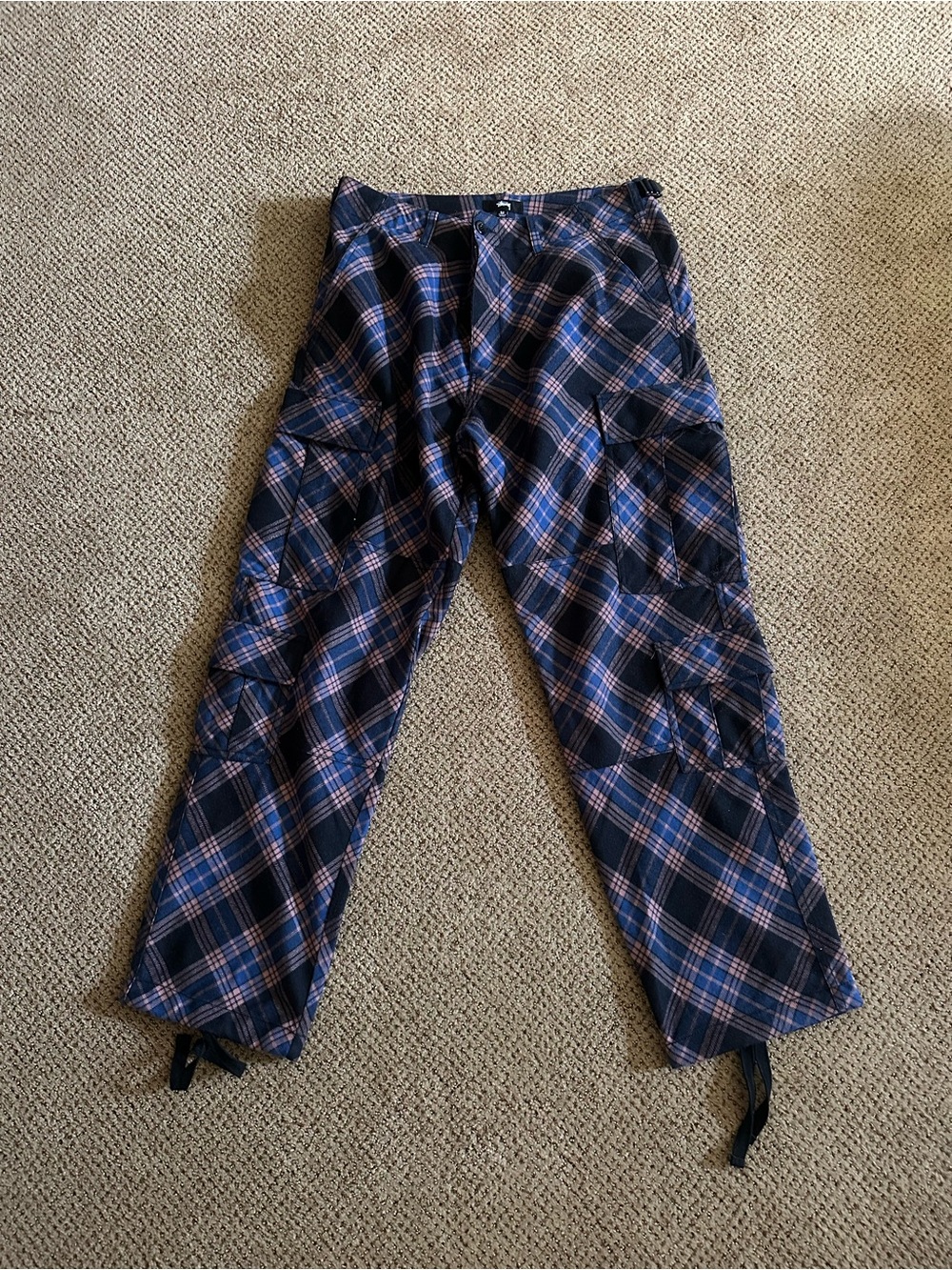 Stussy Navy and Pink Plaid Cargo Trousers